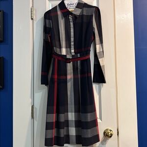 British plaid Navy Blue Long Sleeve Dress with belt